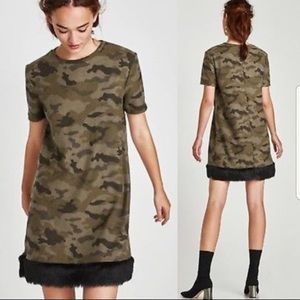 CAMO FUR TRIM MINI DRESS
